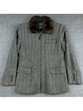 Ralph Lauren Gray Herringbone Blazer with Faux Fur Collar